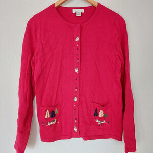 Christopher & Banks Red Dog Embroidered Cardigan Sweater Size Small